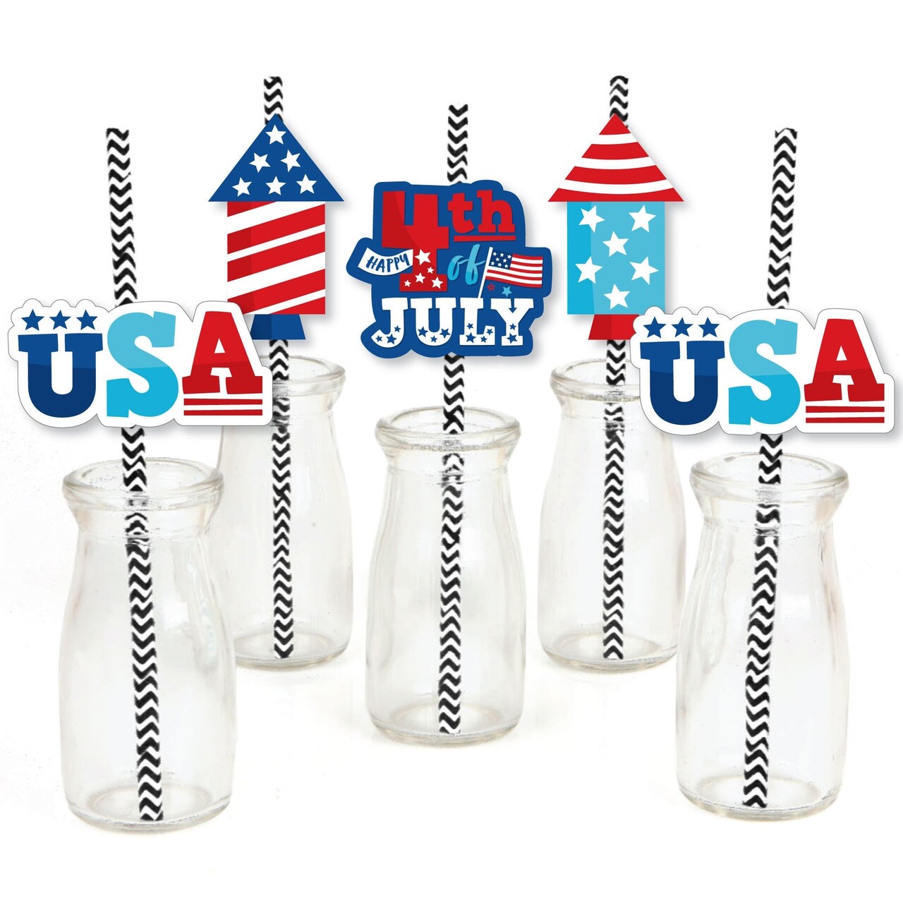 Big Dot of Happiness Firecracker 4th of July - Paper Straw Decor - Red, White and Royal Blue Party Striped Decorative Straws - Set of 24